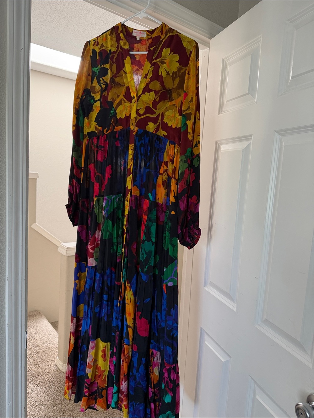 Multicolor Floral Pleated Maxi Dress - Long Sleeve